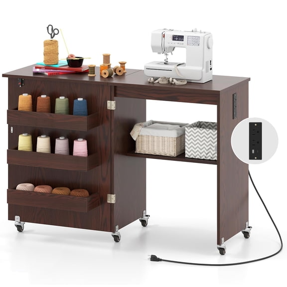 Espresso Folding Sewing Table with Charging Station, Rolling Craft Desk