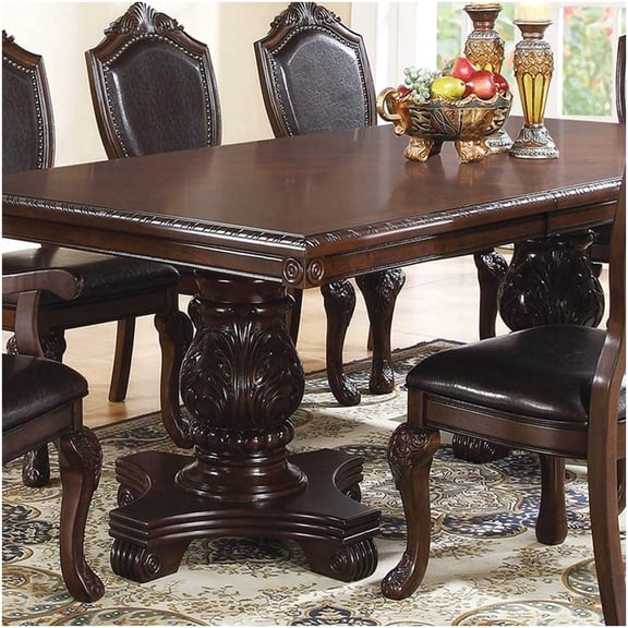 Espresso Formal Dining Table with Extension Leaf, Rubberwood Double Pedestal Rectangle Dining Room Table