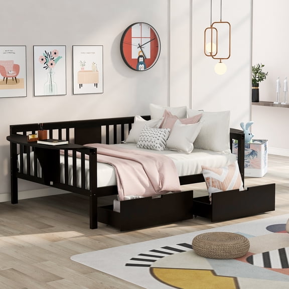 Espresso Full Size Daybed with Two Drawers, Wood Slat Support