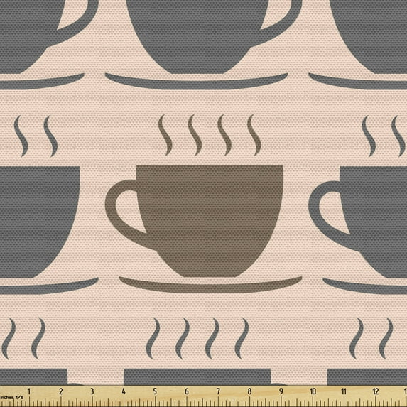 Ambesonne Espresso Grey Fabric by the Yard Upholstery, Hot Drink Cup, 3 Yards, Pale Peach Grey Sepia