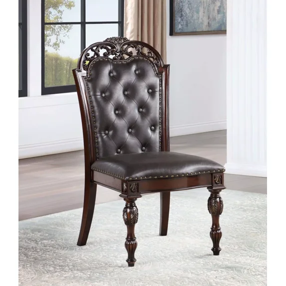 Espresso Leatherette Tufted Back 2pc Dining Chairs Brown Cherry Faux Wood Carved Kitchen Dining