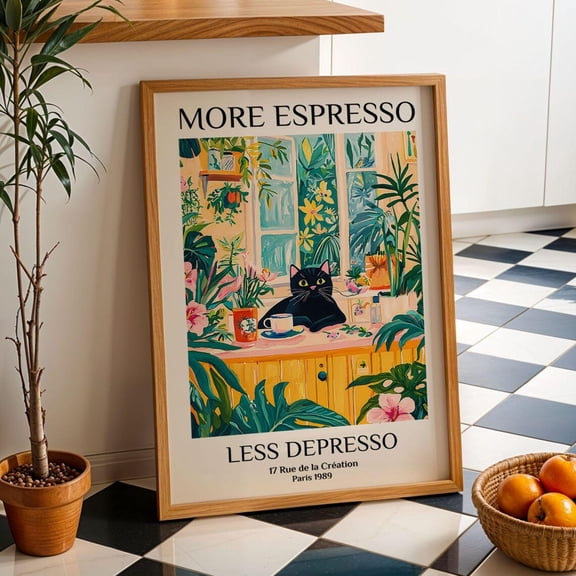 More Espresso Less Depresso Black Cat Coffee Wall Art Poster Kitchen Poster Cat Espresso Print Poster Café Decor Cat Lover Wall Art Gift, Size 24x36 UNFFRAMED F03.1.6l1601