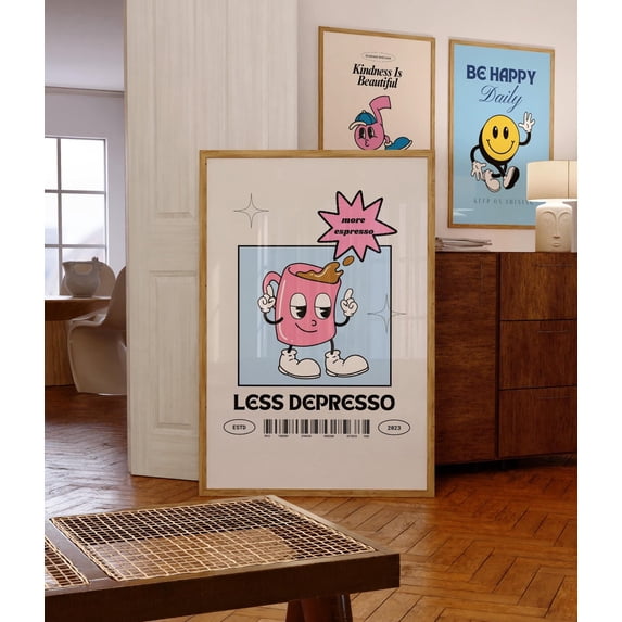 More Espresso Less Depresso Wall Art Print-Coffee Bar Print-But First Coffee Printable Art-Retro Art-Coffee Station Wall Decor-Apartment Art Wall Art, Modern Wall Decor, 12x18 UNFRAMED