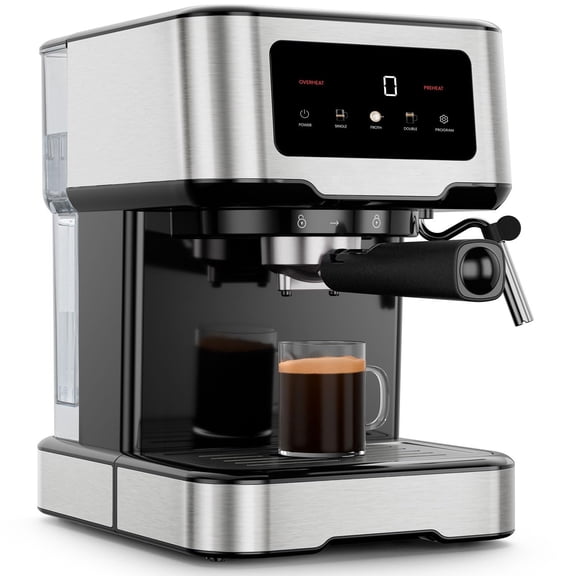 Espresso Machine, 15-Bar Pump Digital Espresso Maker w/Steam Wand for Latte & Cappuccino, Compact Espresso Coffee Machine w/ 1.5L Removable Water Reservoir - Stainless Steel