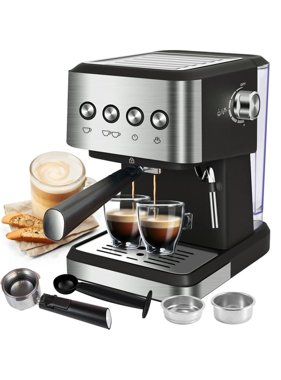 Espresso Machine 20 Bar, 1.5L Water Tank Milk Frother Steam, Stainless Steel Coffee Maker, Silver