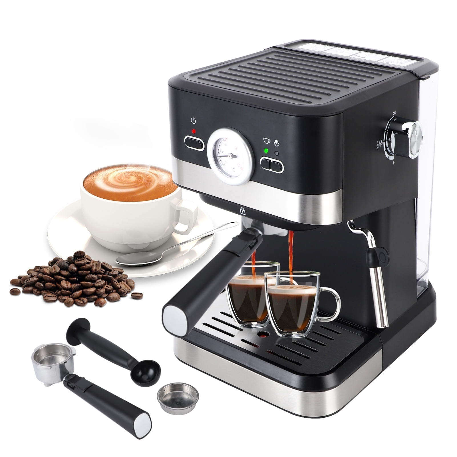 Espresso Machine 20 Bar, 1.5L Water Tank Pressure Gauge Milk Frother Steam, Stainless Steel Coffee Maker for Espresso, Latte, Mocha, Americano, 1050W, Black