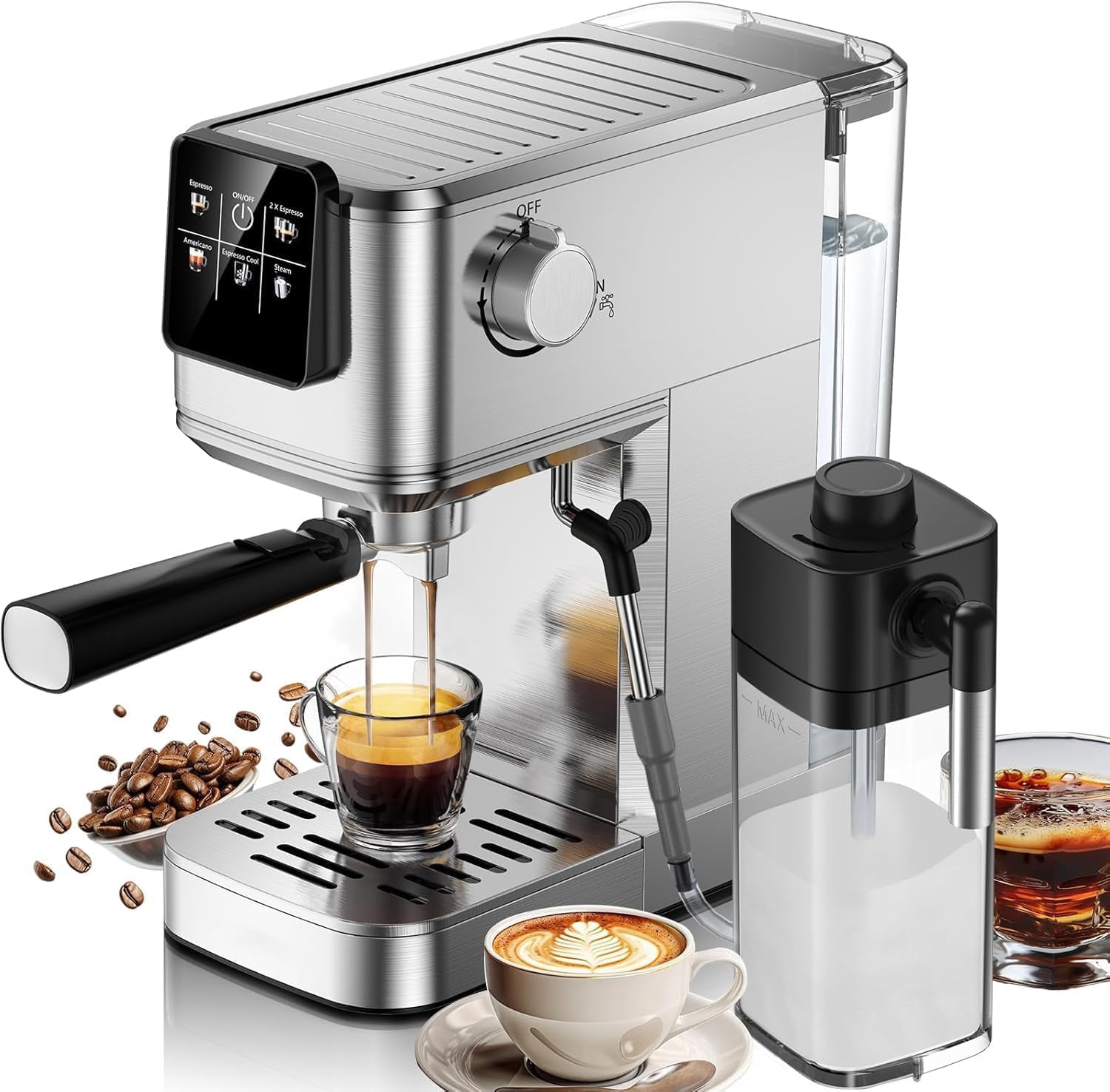 Espresso Machine 20 Bar Coffe Maker with Rapid Cold Brew, Compact Espresso Maker for Hot and Cold Cappuccino, Latte, Stainless Steel Coffee Machines with 1200ml Removable Water Tank