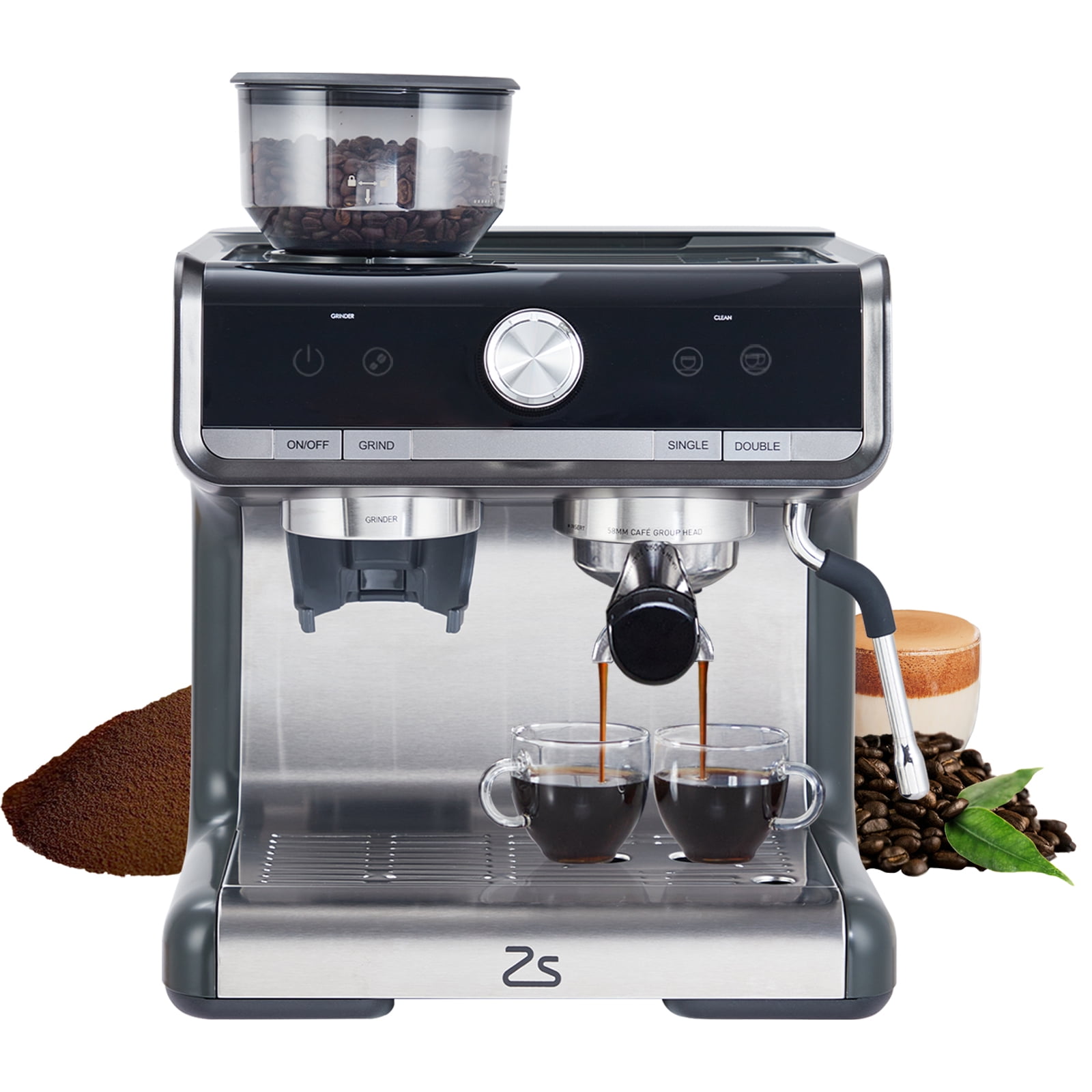 Stainless Steel Semi-Automatic Espresso Machine with Grinder and Steam Wand