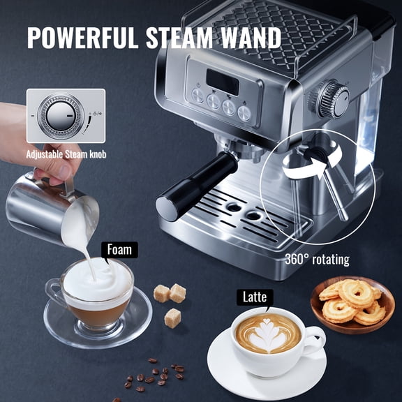 Espresso Machine, 20 Bar Expresso Coffee Machines With Milk Frother Steam Wand, Manual Latte & Cappuccino Maker, Temperature Display, 60 Oz Removable Water Tank, 1350W, Stainless Steel.