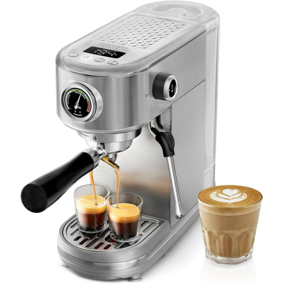 Espresso Machine 20 Bar, Semi-Automatic Cappuccino Maker with Milk Frother for Latte Art, Adjustable Temperature & Water Volume, with Display, Pressure Gauge & Stainless Steel Body