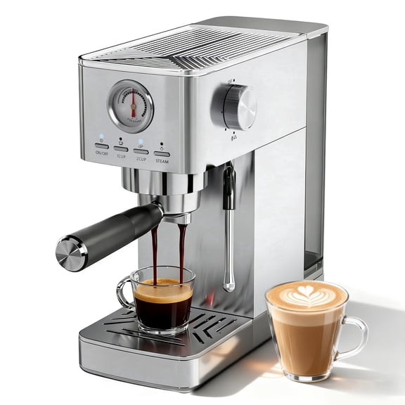Espresso Machine, 20 Bar Visible High Pressure Gauge, 47 OZ Water Tank with Milk Frorther Silver, Automatic Stainless Steel Espresso Maker, Gift for Coffee Machine Enthusiasts