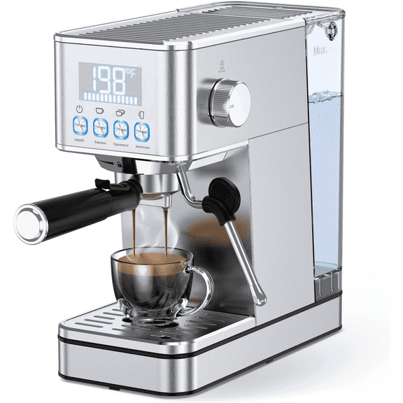Espresso Machine, 20Bar Compact Stainless Espresso Maker, With Milk Frother Steam Wand, 57.5OZ Removable Water Tank, Displays Making Time & Water Temperature, Cold Brew & Cappuccino, Silver