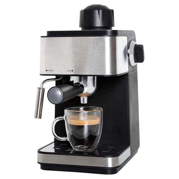 Espresso Machine 4 Cup - Levella Cappuccino & Latte Maker - Black - Fast Brewing - Compact Design - Home Coffee Maker - Includes Glass Carafe & Filter
