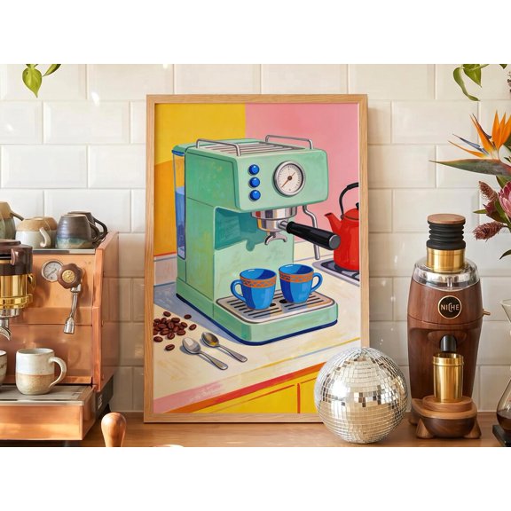 Espresso Machine Art Print Colorful Kitchen Portrait Decor Vibrant Coffee Room Art Modern