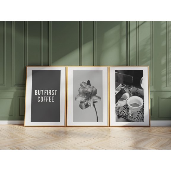 Espresso Machine Art Print Set Floral Coffee Quote Modern Kitchen Decor D105 Set 3