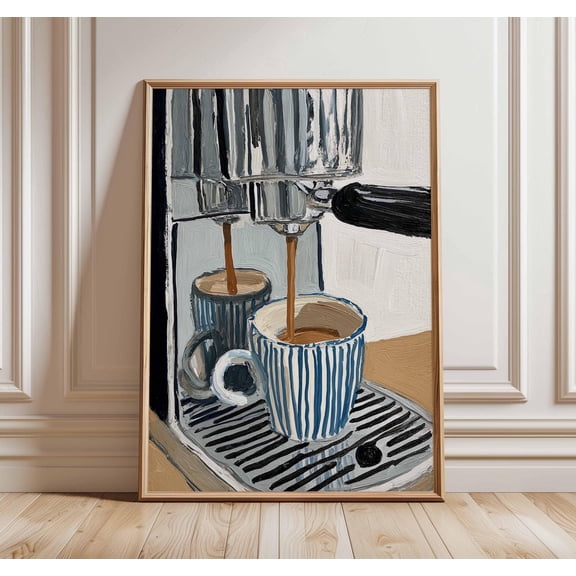 Espresso Machine Art Print, Striped Mug, Barista Kitchen Decor, Poster Only