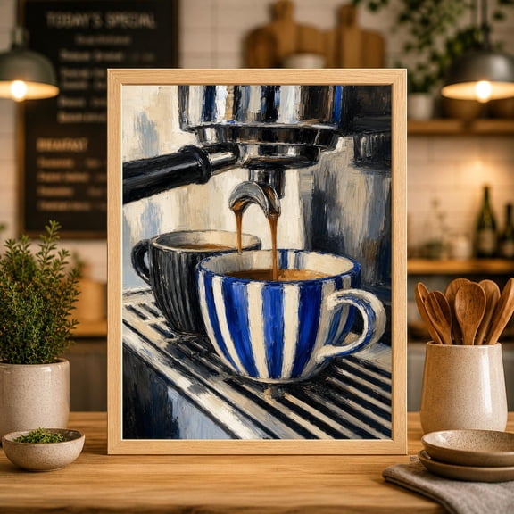 Espresso Machine Art Print, Striped Mug Barista Kitchen Decor Unframed Paper Print