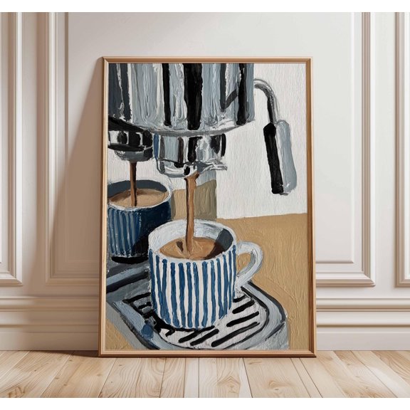 Espresso Machine Art Print, Striped Mugs, Cozy Cafe Decor, Poster Only