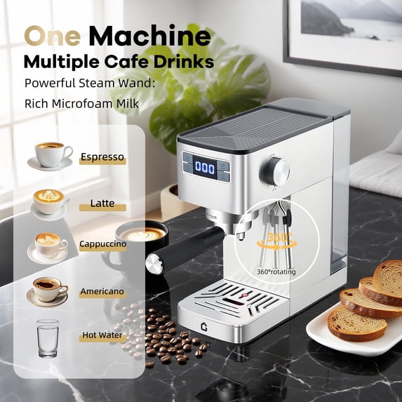 Espresso Machine, Coffee Maker Semi-Automatic 20 Bar Italian Style - Stainless Steel, Adjustable Grinder, Milk Frother, Removable Tank for Home, Silver