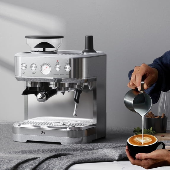 Garvee 15 Bar Professional Espresso Machine with Grinder & Milk Frother for Home Office, 1350W, Silver