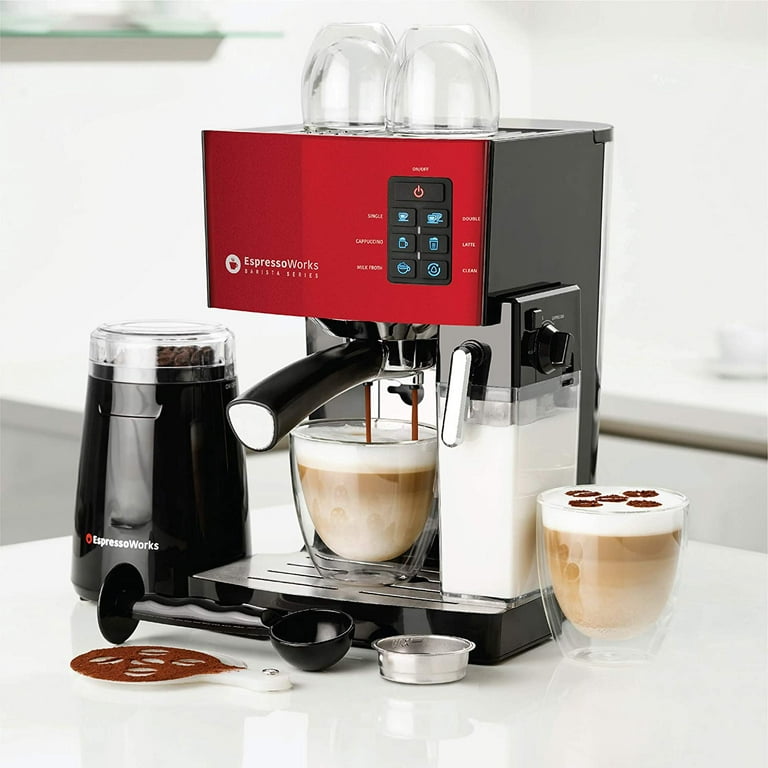 Espresso & Cappuccino Maker- 19 Bar Pump, 10 Pc All-In-One Espresso Maker &  Milk Steamer (Inc: Bean Grinder, 2 Cappuccino & 2 Espresso Cups, Tamper,  Single & Double Shot Filter Baskets), 1250W, –