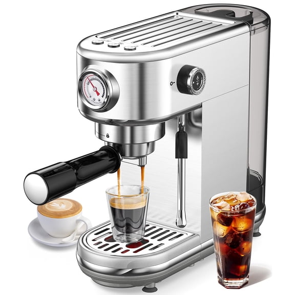 Espresso Machine with Milk Frother, 20 Bar Pressure Espresso Maker, with 44OZ Removable Tank, Compact Stainless Steel Coffee Machine for Home, Office, Latte, Cappuccino, Macchiato, Silver