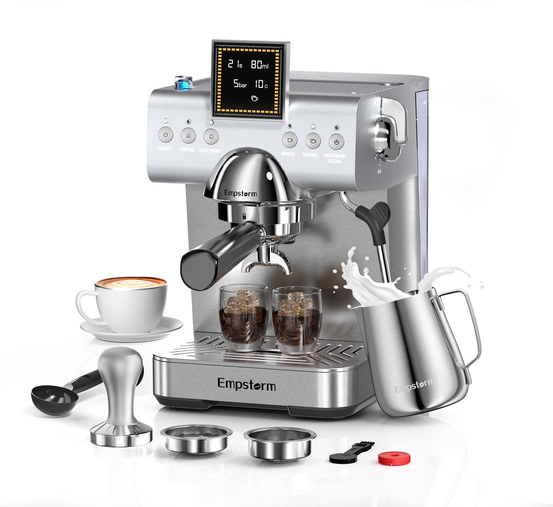 Empstorm Espresso Machine 20 Bar Steel Espresso Machines with Milk Frother, Cold & Hot Brew for Cappuccino/Latte/Ice Coffee, Home/Office/Cafe - CB2