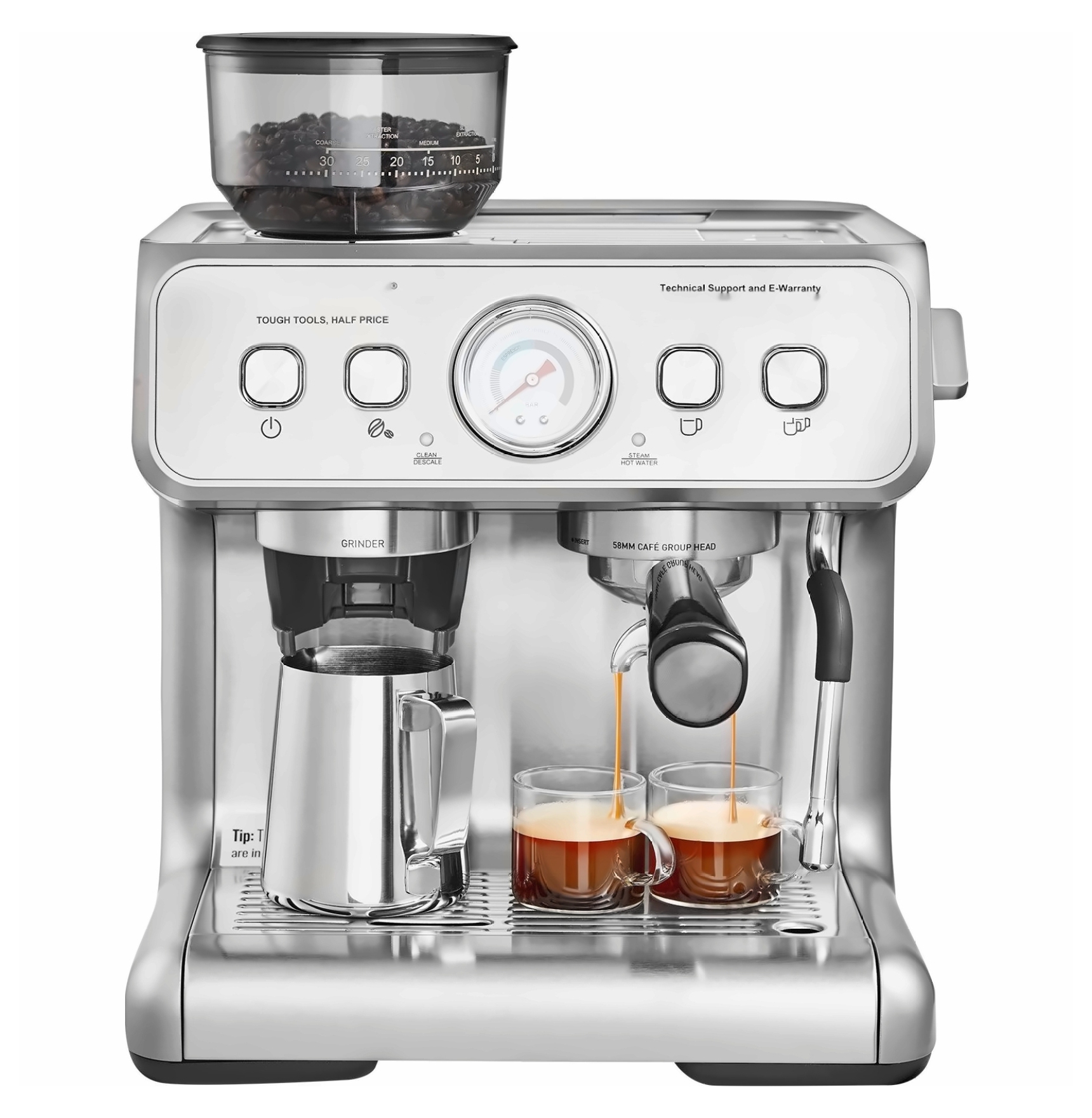 Espresso Machine with Grinder, 15 Bar Semi-Automatic Coffee Maker, Milk Frother, PID Control