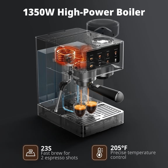 Espresso Machine with Grinder, Adjustable Grind Amount And Coffee Dose, Cold Brew for Cappuccino, Latte & Americano, Brushed Stainless Steel