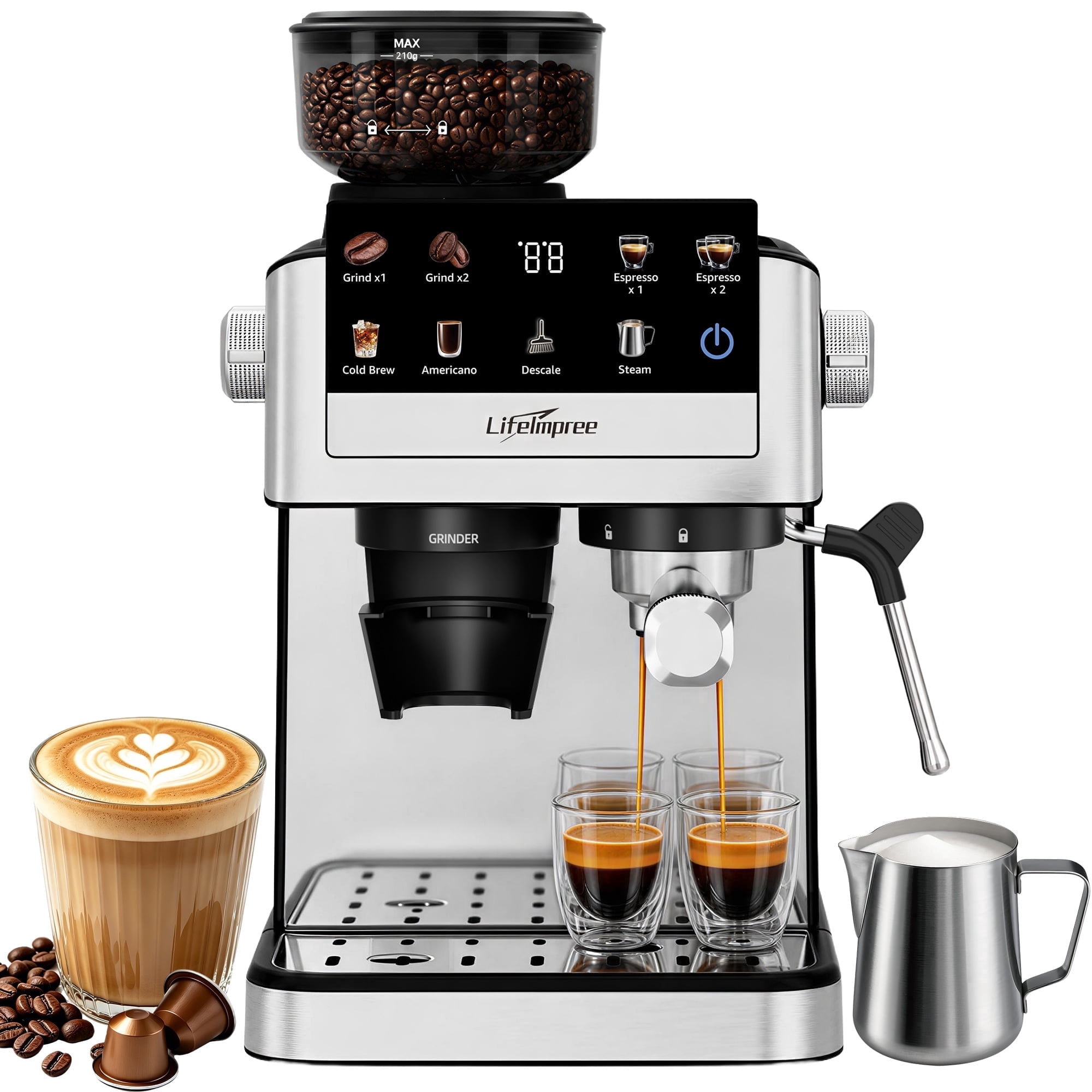 LifeImpree Espresso Machine with Grinder, 20 Bar Coffee Machine for Home with Powerful Milk Frother Steam Wand, 30 Grind Settings, 1550W Coffee Maker with Porta