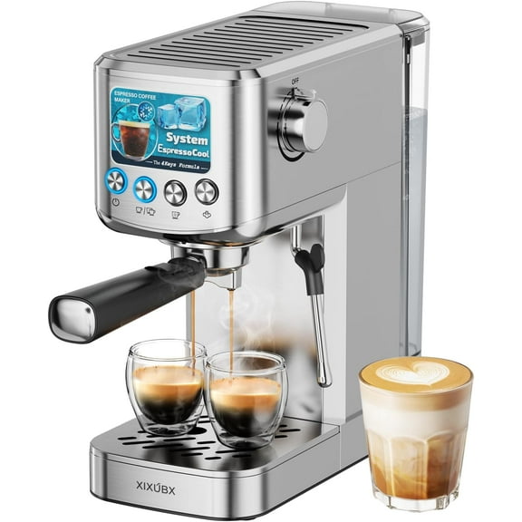 Espresso Machine with Milk Frother, Stainless Steel Coffee Maker with Removable Water Tank for Cappuccino, Latte&Cold Brew, Home&Office
