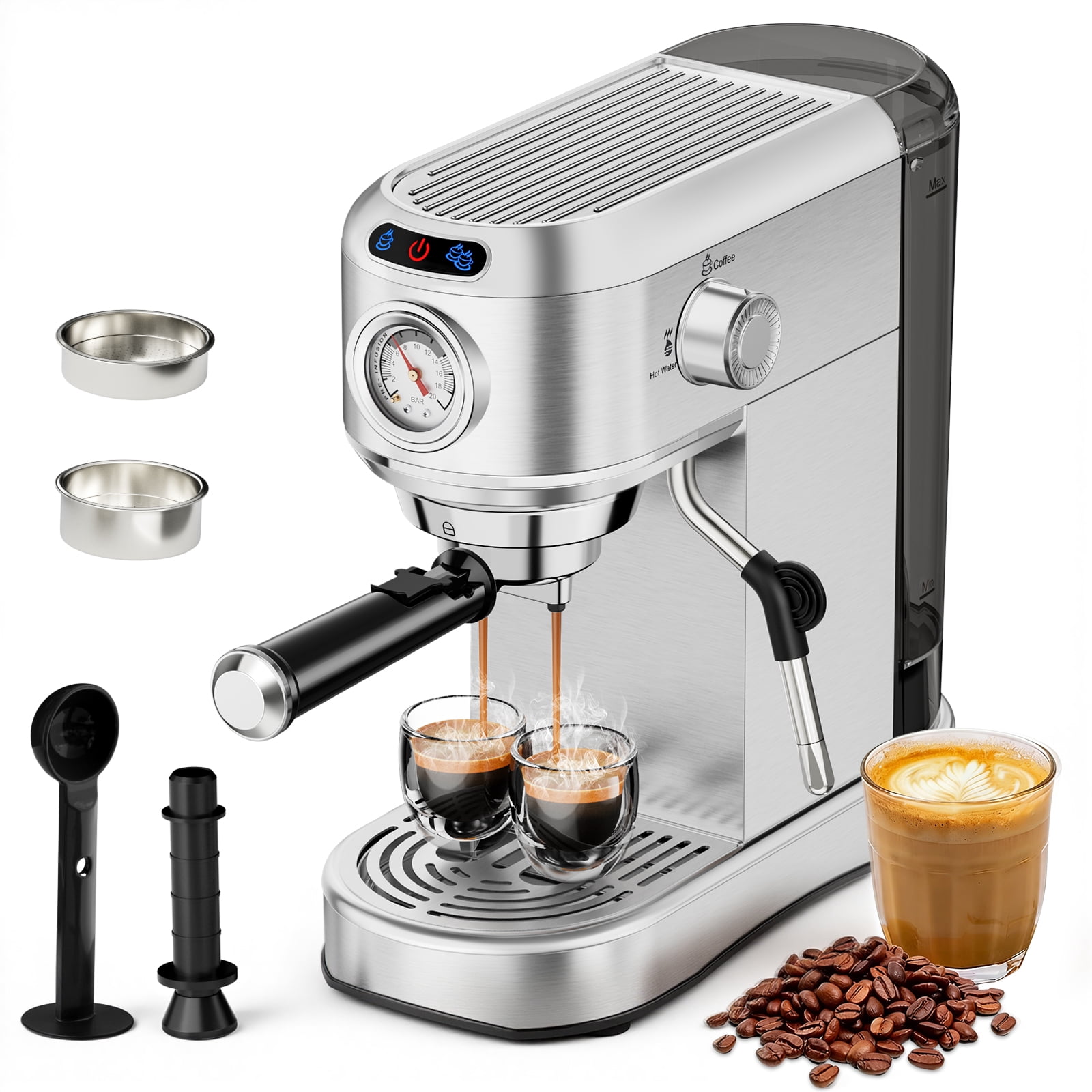 Espresso Machine with Steam Milk Frother, 20 Bar Professional for Home, Compact Stainless Steel with 34oz Removable Tank, Silver