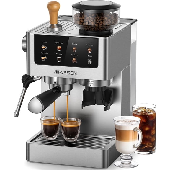 Espresso Machines with Burr Grinder, 20 Bar, Milk Frother Steam Wand, Stainless Steel Coffee Maker for Home - Cappuccino Latte & Cold Brew Iced Americano