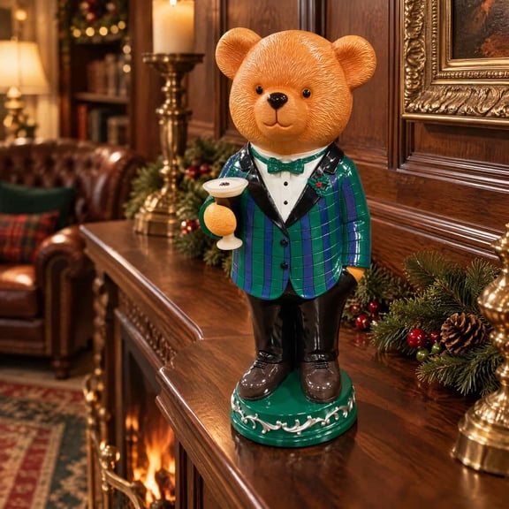 Espresso Martini Bear Figurine, Bear Bartender Resin Statue with Green Blue Plaid Suit and Cocktail Glass, Novelty Bar Cart Decor, Tabletop Home Bar Christmas Decoration, 10"