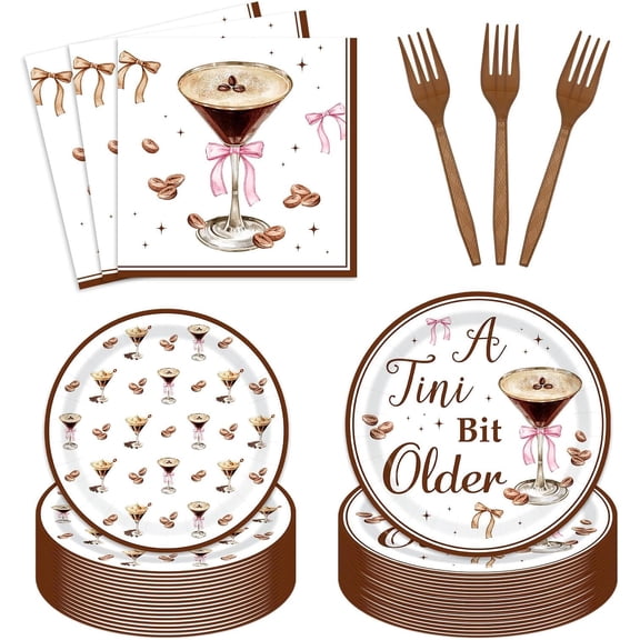 Espresso Martini Birthday Tableware - 96PCS A Tini Bit Older Party Supplies Set Brown Pink Ribbon Bow Martini Bachelorette Party Plates Disposable Dinnerware Paper Napkins Forks