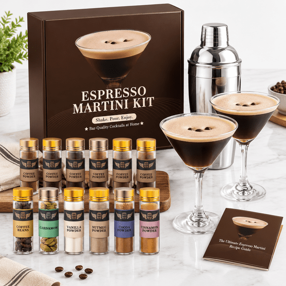Espresso Martini Cocktail Kit with Bar Tools, Glasses & Botanicals for Home Mixology