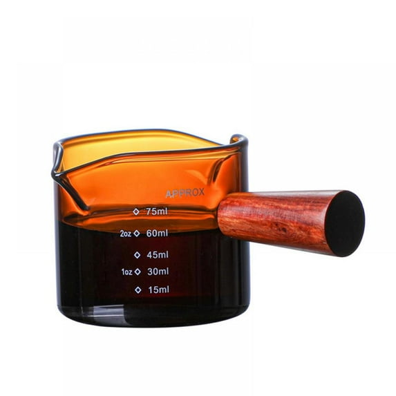 Espresso Measuring Cup, 75ML Double Spouts Espresso Shot Glass, Triple Pitcher Milk Cup With Wood Handle For Milk Coffee Espresso Making (Double Spout)