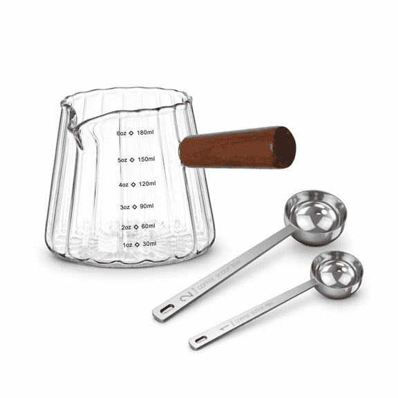 Espresso Measuring Cup Set, 6oz/180ml Glass Espresso Shot Glass with Wood Handle, Dual Scale and V-Shaped Spout, Coffee Measuring Cup with 2 Stainless Steel Coffee Scoops 15ml/30ml