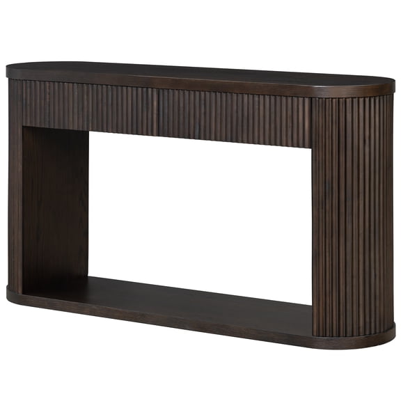Espresso Oval Fluted Console Table, Solid Wood & MDF Entryway Sofa Table