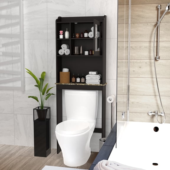 Espresso Over The Toilet Storage Cabinet Modern Wooden Bathroom Space Saver with 4 Cubby Shelves & Adjustable Storage, 68.11 Tall Cabinet