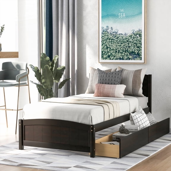Espresso Platform Bed having Two Drawers and a Durable Frame