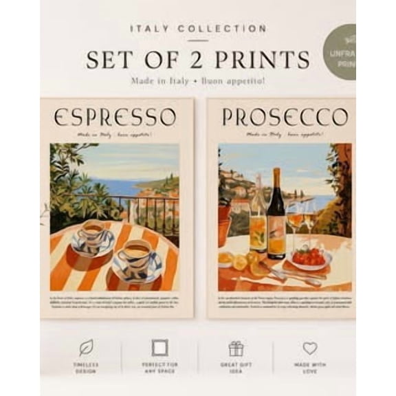 Espresso Prosecco Prints, Italian Kitchen Decor, Coffee Cocktail Art, Stretched Canvas