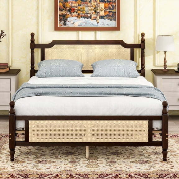 Espresso Queen Pine Bed Set - Rattan Headboard & Footboard, Central Bed Platform