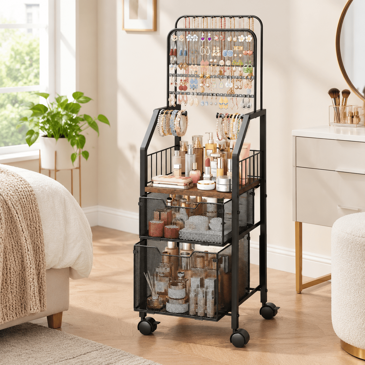 Espresso Rolling Makeup Organizer Cart with Metal Frame and Large ...