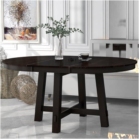 Espresso Round Expandable Farmhouse Dining Table, Solid Wood Kitchen Table with 16" Leaf