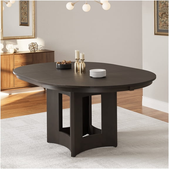 Espresso Round Extendable Dining Table with Removable Leaf, Farmhouse Pedestal Base for Small Space