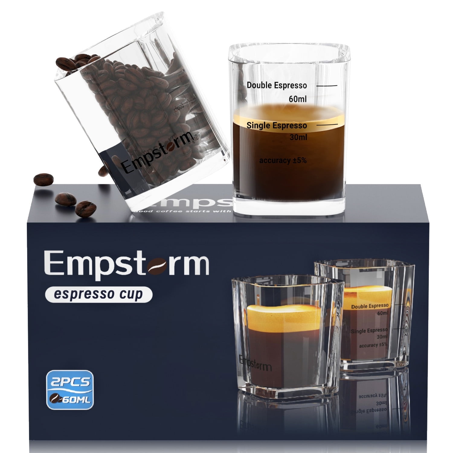 Empstorm  Espresso Cups Set of 2, Double Wall Insulated Glass Coffee Mugs 2oz, Measuring Cup Liquid Heavy Glass for Baristas & Home
