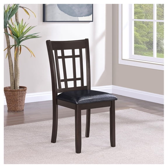 Espresso Side Chairs (Set of 2), Black Faux Leather Dining Chairs, Lattice Back Design, Transitional Style, Padded Seat, Kitchen & Dining Room