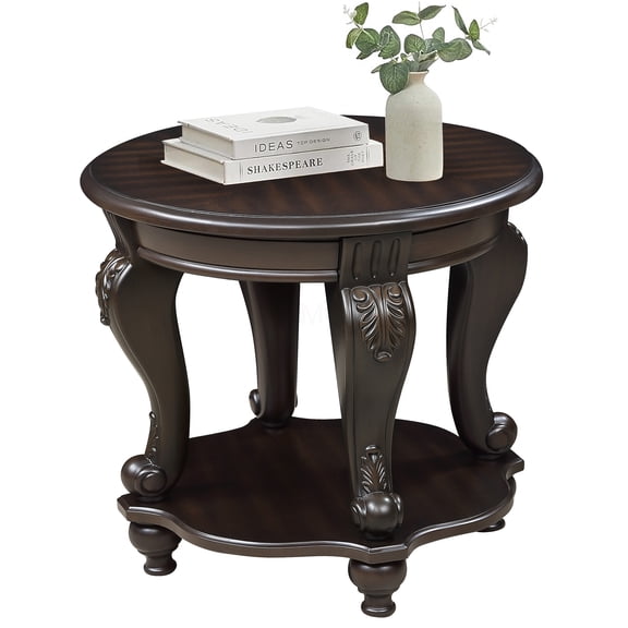 Espresso Solid Wood Round End Table with Shelf, Two Tone Sofa Side Table for Living Room, Easy Assembly Corner Table