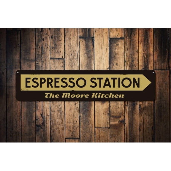 Espresso Station Sign Arrow Java Coffee Lover Gift Family Name Kitchen Decor - Station Signs - Size: 16 x 4 Inches